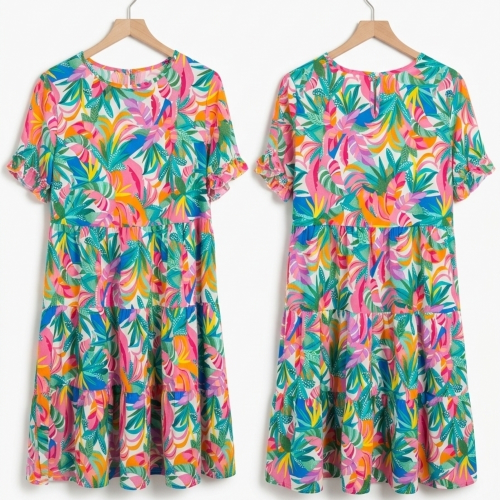 SHEIN Multicolor Tropical Tiered Casual Dress